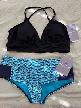Athleta Black Strappy Bikini Top with Blue Geometric High-Waist Bottoms